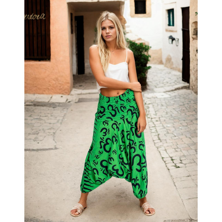 MPA50106 - Pantaloni afghani con motivo Om verde: stile etnico con simbolo sacro - taglia unica