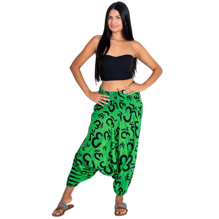 MPA50106 - Pantaloni afghani con motivo Om verde: stile etnico con simbolo sacro - taglia unica