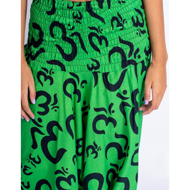 MPA50106 - Pantaloni afghani con motivo Om verde: stile etnico con simbolo sacro - taglia unica