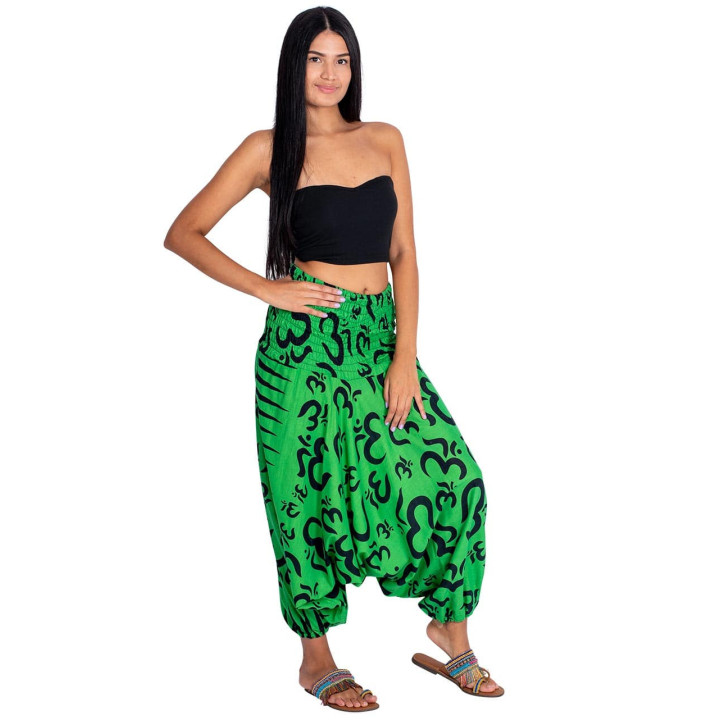 MPA50106 - Pantaloni afghani con motivo Om verde: stile etnico con simbolo sacro - taglia unica