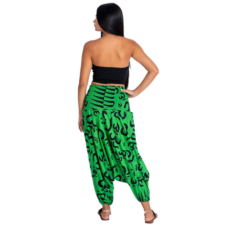 MPA50106 - Pantaloni afghani con motivo Om verde: stile etnico con simbolo sacro - taglia unica