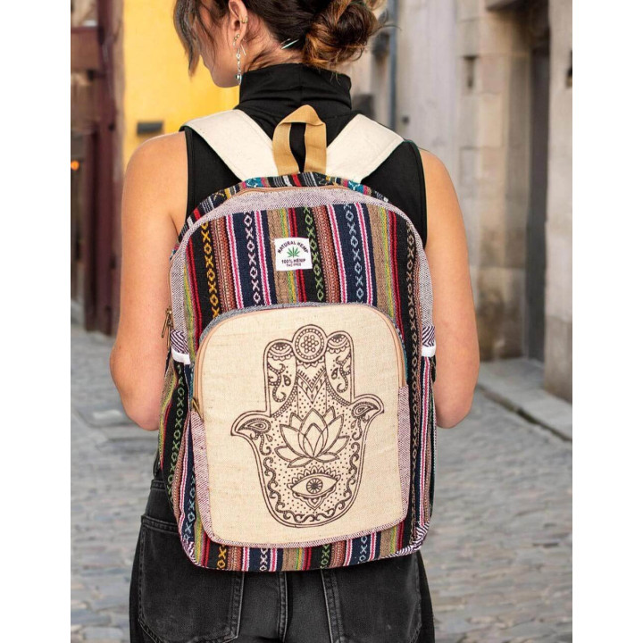 BMH0020D - Unisex Hemp Backpack with Unique Hamsa Design | Handmade in India