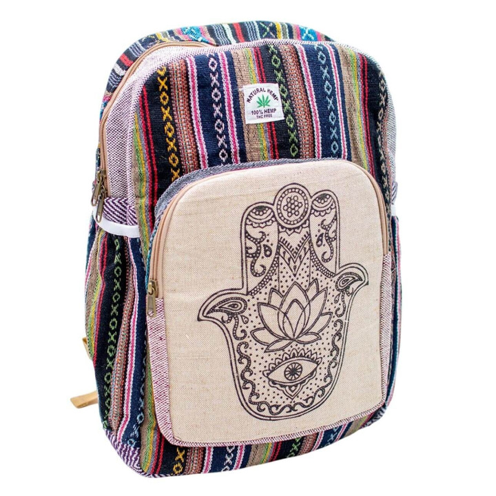 BMH0020D - Unisex Hemp Backpack with Unique Hamsa Design | Handmade in India