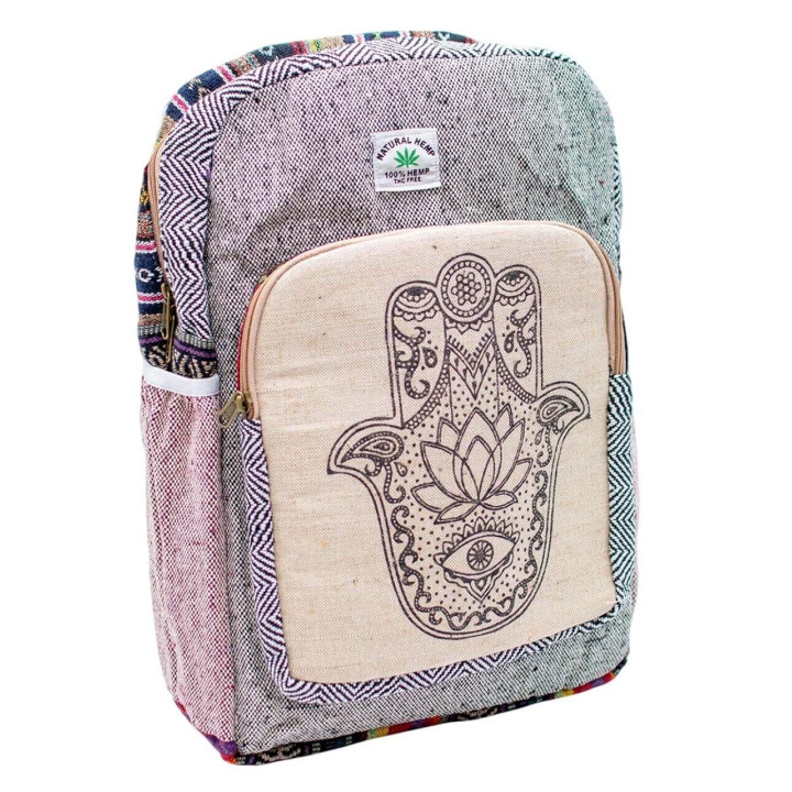 BMH0020D - Unisex Hemp Backpack with Unique Hamsa Design | Handmade in India