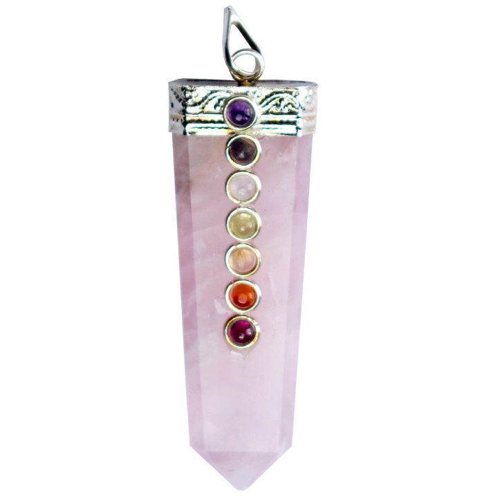 KDH0001R - Pendente Chato in quarzo rosa con 7 chakra