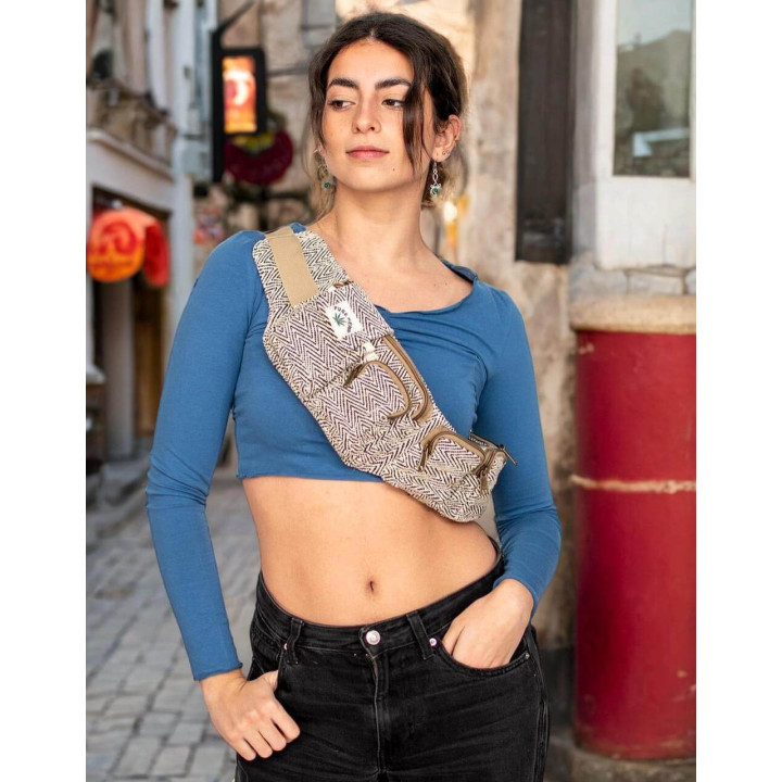 BRÑ0503 - Borsa a marsupio in canapa autentica e versatile: artigianato indiano, tasche multiple e regolabile