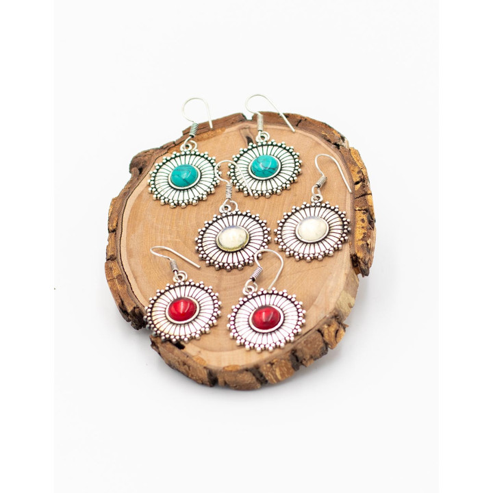 SPE0085 - Brincos Circulares com Pedra Mineral e Latão Esculpido – Kimago