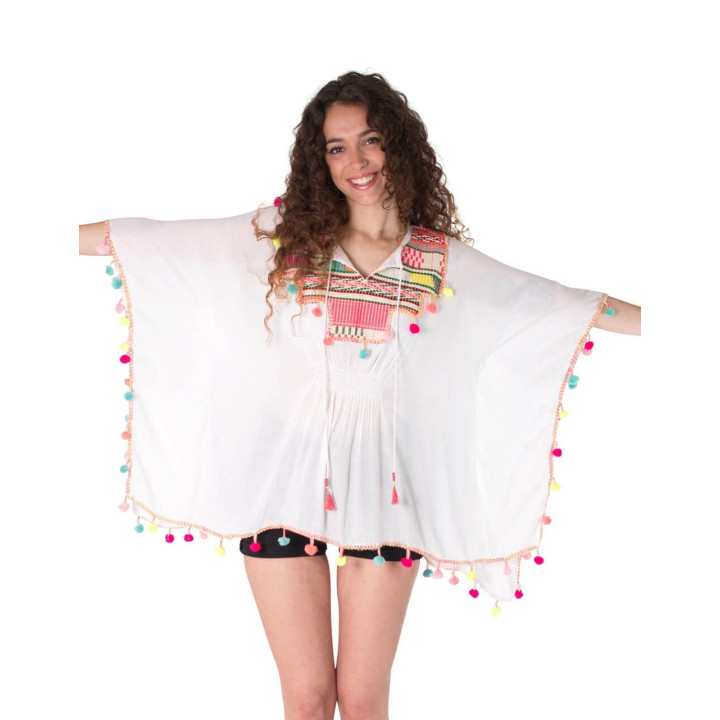TM0015 - Ethnic White Poncho