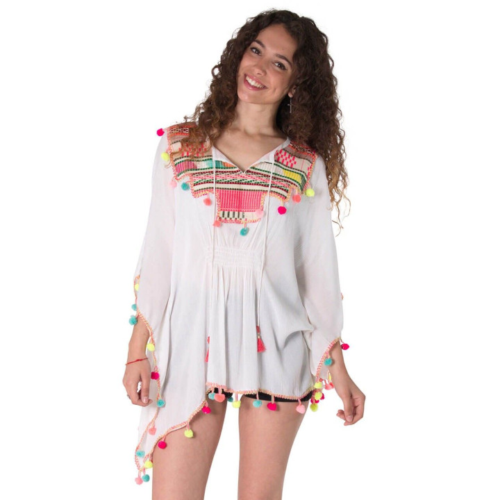 TM0015 - Ethnic White Poncho