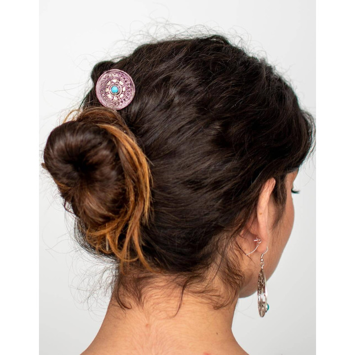 CAP0019 - Pic à cheveux en laiton plaqué argent avec pierre et motif sculpté – Kimago